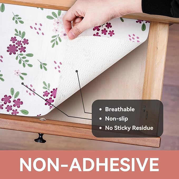 RAY STAR Shelf Liner, 18 Inch x 8 Feet Non Adhesive Purple Pink Floral Kitchen Cabinet Liner for Pantry Drawer Vanity, Strong Grip Non Slip Waterproof, Shelf Liners for Kitchen Cabinets Cupboard