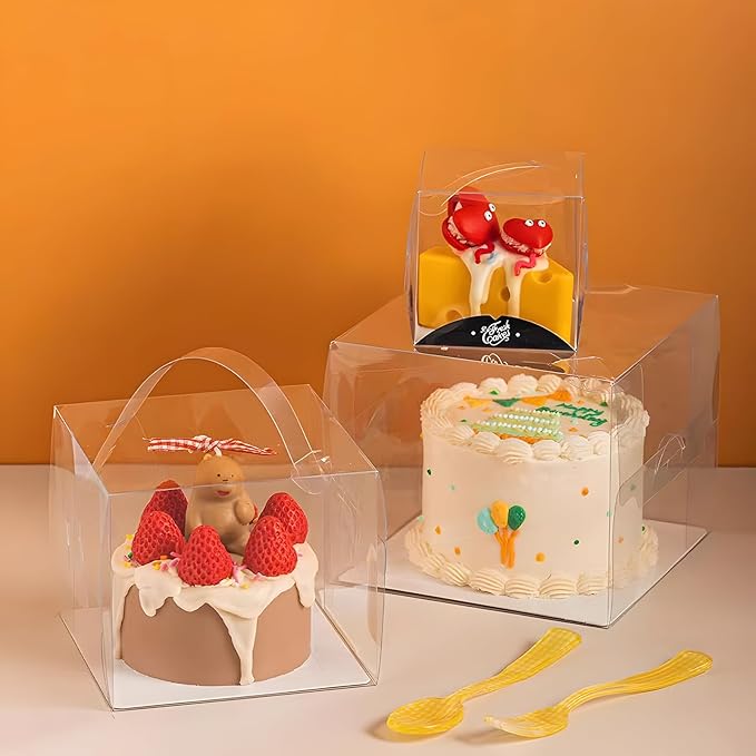 20 Pcs 5x5x4 Inch Clear Cake Boxes with Handle & Cake Boards, Easy Carrying Plastic Cake Containers, Cake Holder Carriers for Birthday Christmas Birthday Wedding, Party, Gift