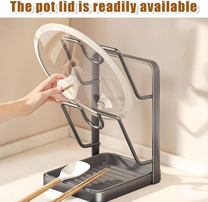 Kitchen Pot Lid Storage Rack, 304 Stainless Steel Holder and Spoon Rest, Lid Holder While Cooking, Multifunctional Kitchen Organizer Stand with Removable Drip Tray for Countertop (Single-layer Beige)