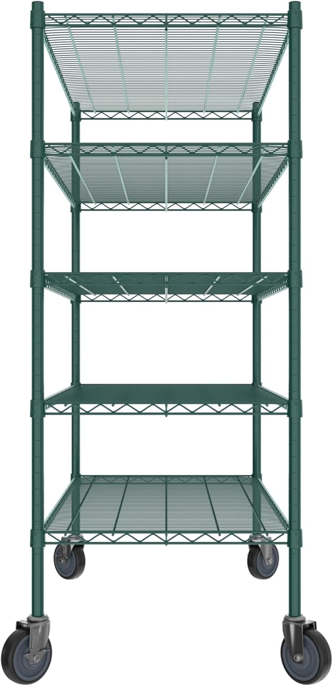 Commercial NSF Listed Green Epoxy Mobile Wire Shelving Kit 24" x 48" x 60", with 5 Shelves Perfect for Warehouse, Walk-in Refrigerator, Freezer, Grocery Store, Restaurant, Dishroom
