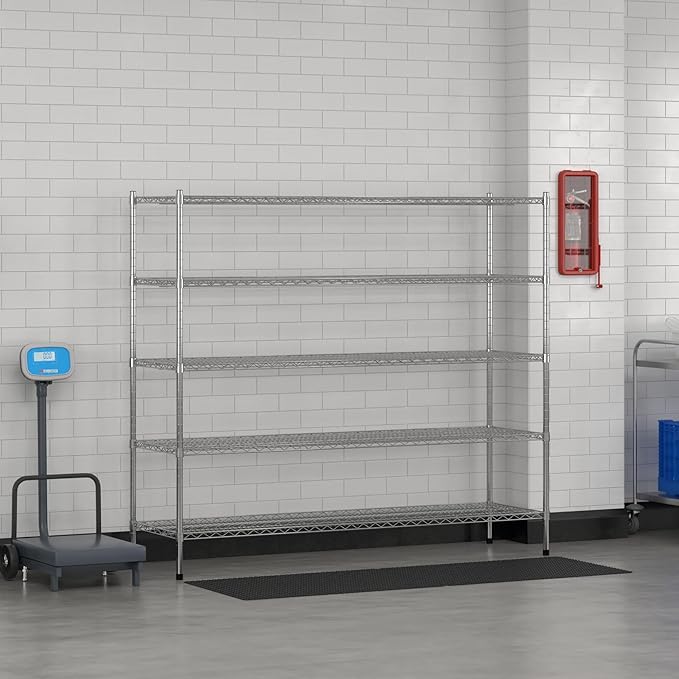 Commercial NSF Listed Chrome Stationary Wire Shelving Kit 21" x 72" x 64", with 5 Shelves Perfect for Warehouse, Walk-in Refrigerator, Freezer, Grocery Store, Restaurant, Dishroom