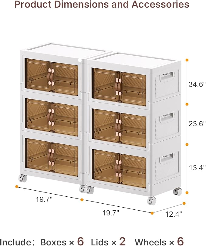 VNVTO 330Qt Stackable Storage Bins with Lids, 6 Pack Collapsible Bins with Wheels, Plastic Cabinet with Doors, Foldable Closet Organizers and Storage for Home, Dorm, Office, White