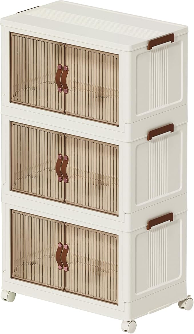ONAIL Collapsible Storage Bins with Lid and Wheels, Plastic Foldable Storage Cabinet-Stackable Closet Organizer Containers with Doors for Clothes, Home, Room, White, 3 Tiers