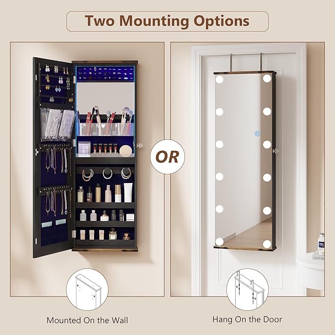 Over the Door Jewelry Organizer, 12 Hollywood Bulbs Hanging Jewelry Armoire with Full Length Mirror, 43.5" Lockable Large Storage Jewelry Cabinet for Girls/Women, (Wood grain black)