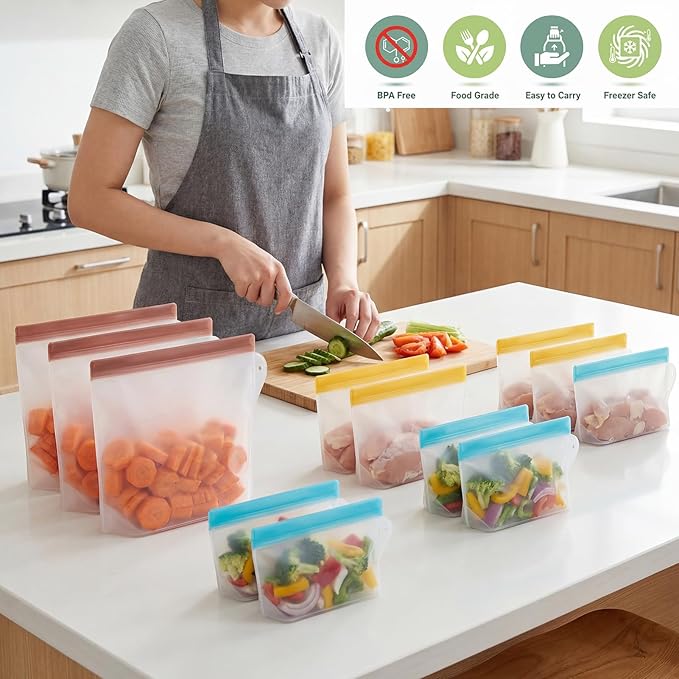 RLAVBL 12 Pack Reusable Freezer Bags, Leakproof Food Storage Bags for Vegetable, Liquid, Snack, Meat, Sandwich - 3 Gallon 4 Sandwich 5 Snack Bags