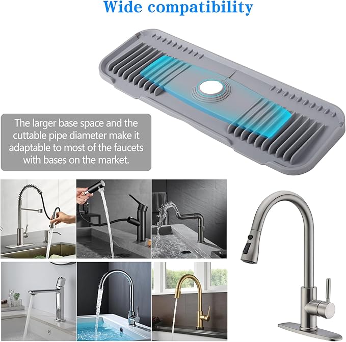 DK-SIMINA Silicone Faucet Mat Silicone Faucet Drip Catcher with Cuttable Circular Central for Kitchen Sink, Tailor-Made for Faucets with Deck Plate【Light Grey】