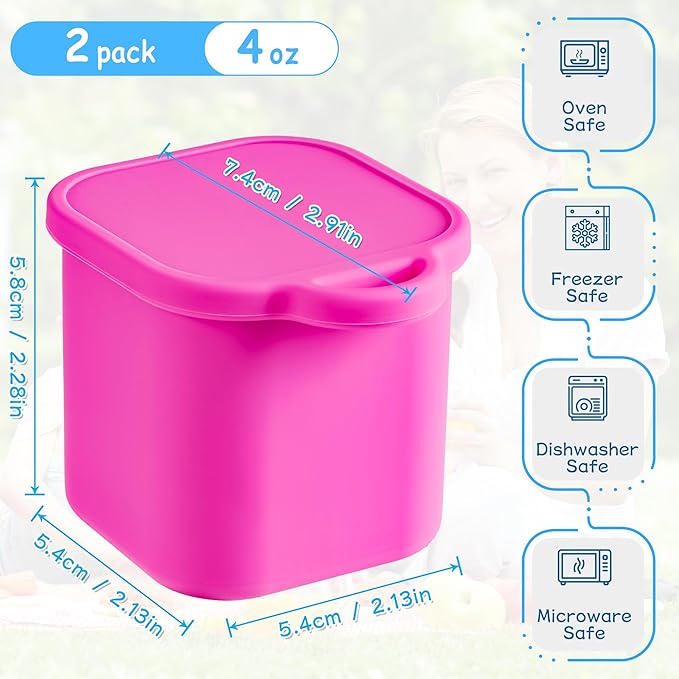 Ecurfu Silicone Dips Containers, 2x 4 oz Salad Dressing Container To Go, Condiment Container with Lids, Compatible with Most Bento Lunch Box (Pink/Cyan)