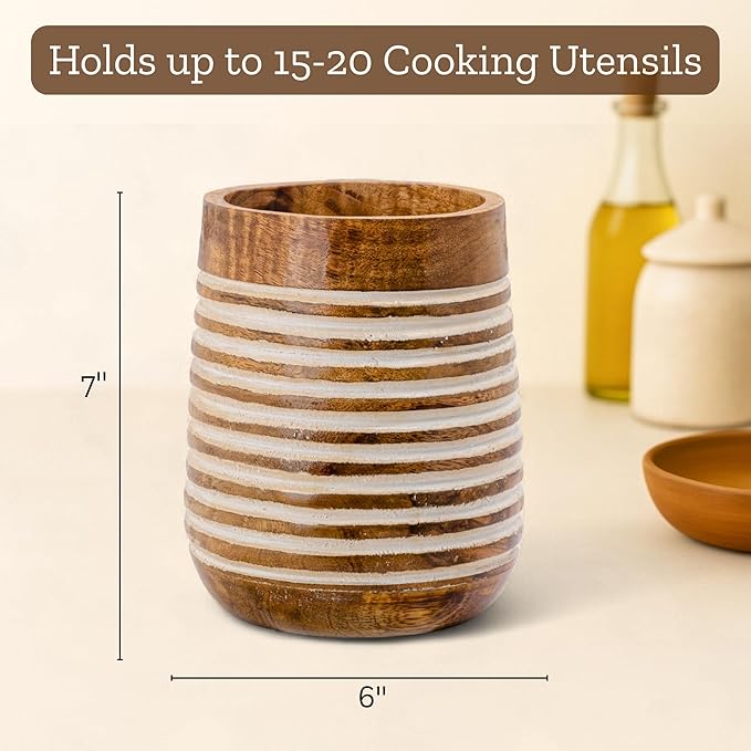 Mie Creations Boho 7'' Large Utensil Holder for Kitchen Counter | Handcrafted Wooden Utensils Crock Cooking Spatula Organizer | Gifts for Mom, Utensil Holder Caddy, Countertop Supplies- White Lining