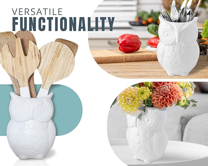 Comfify Owl Utensil Holder Decorative Ceramic Cookware Crock & Organizer, in Lovely White Color - Utensil Shaped Caddy and Perfect Kitchen Ceramic Decor Gift for Countertop - 5” x 7” x 4” Size