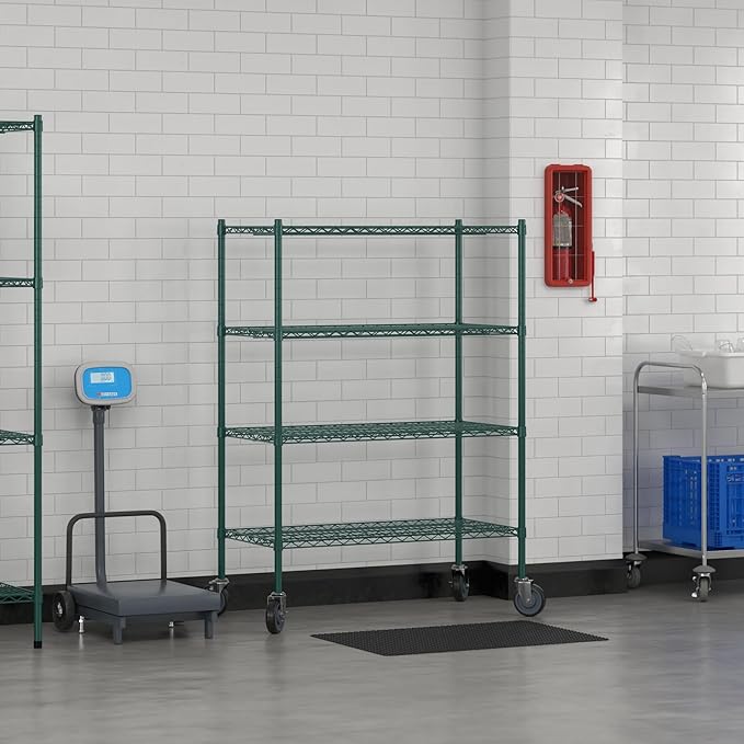 Commercial NSF Listed Green Epoxy Mobile Wire Shelving Kit 21" x 42" x 60", with 4 Shelves Perfect for Warehouse, Walk-in Refrigerator, Freezer, Grocery Store, Restaurant, Dishroom