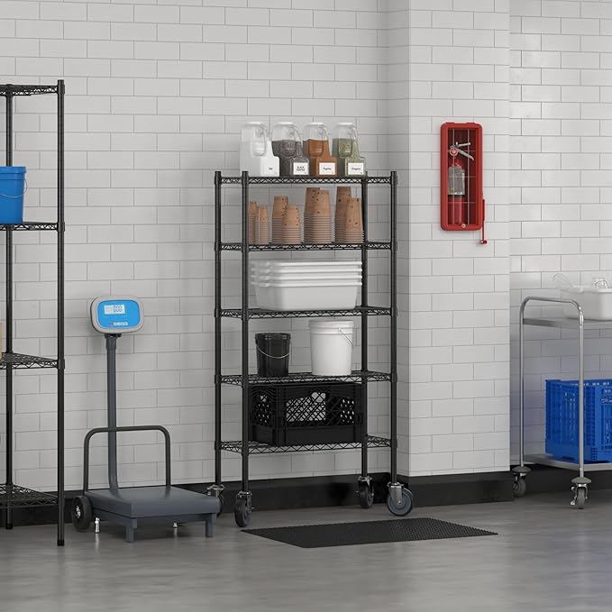 Commercial NSF Listed Black Epoxy Mobile Wire Shelving Kit 12" x 30" x 60", with 5 Shelves Perfect for Warehouse, Walk-in Refrigerator, Freezer, Grocery Store, Restaurant, Dishroom