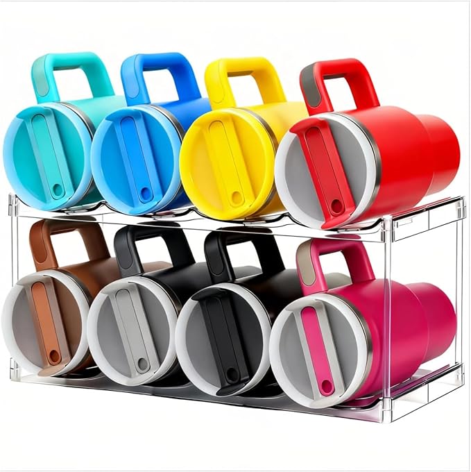 Water Bottle Organizer for Stanley 40 OZ Tumbler Cup Accessories, Clear Stackable Bottle Holder Wine Rack for Cabinet Countertop Kitchen Home Pantry Shelf Storage, 2 Tier Hold 8 Bottles