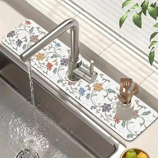 Art Ceramic Texture Sink Faucet Absorbing Mat Ceramic Flowers Super Absorbent Fast Drying Mat Sink Gadgets Behind Faucet Sinkmat for Kitchen Bathroom, 23.5"x5.5"