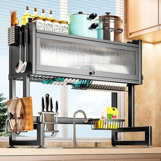 Over Sink Dish Drying Rack 2 Tier Stainless Steel Dish Drainer with Cover and Utensil Holders Large Capacity Space Saving Kitchen Organizer