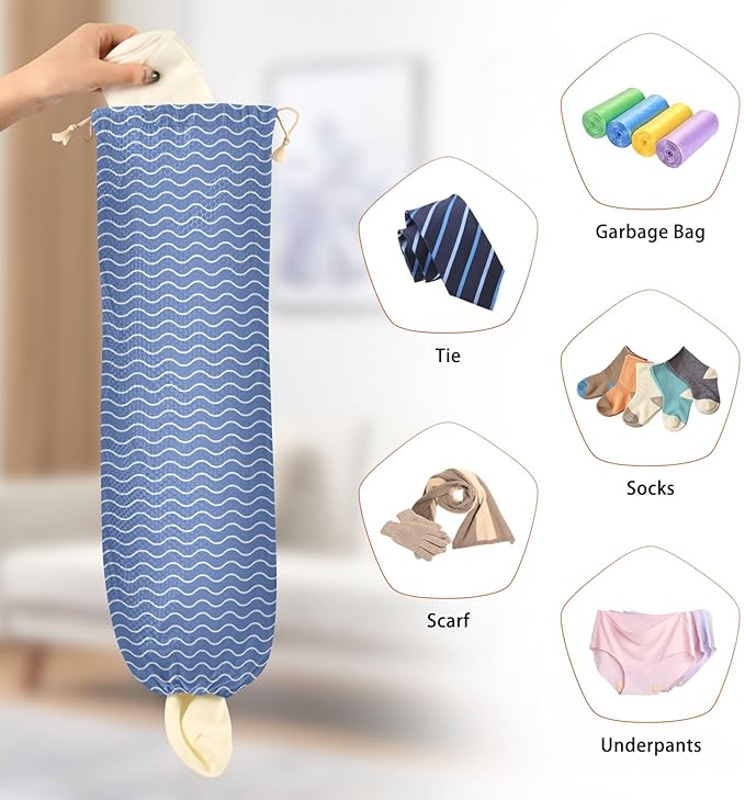 1 PC Plastic Bag Holder Wall Mount Grocery Bag Holder Shopping Bag Trash Bag Storage Organizer Dispenser for Kitchen Closet 22 x 9 Inch Blue Wavy Lines