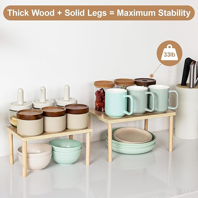 Wood Cabinet Organizer Shelf, Set of 4 Kitchen Counter Shelves, Stackable Plate Organizer for Cabinet, Pantry Cupboard Dish Mug Cup Storage Shelf