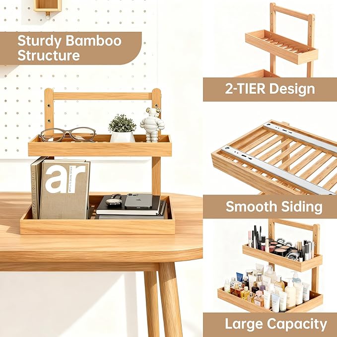 Bamboo Undersink Organizer Storage - 2-Tier Cabinet Shelf with Adjustable Levels, Under Sink Storage Slide Out for Cabinet Pantry Kitchen Bathroom