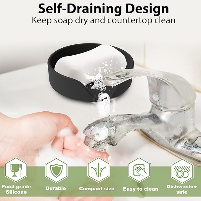 Self Draining Soap Dish, Silicone Soap Holder with Suction Cup and Drain Spout, Kitchen Bathroom Sink Organizer, Dish Soap Bar Tray Savers Sponge Holder, Perfect for Dispenser, Scrubber, Bottle, Cup