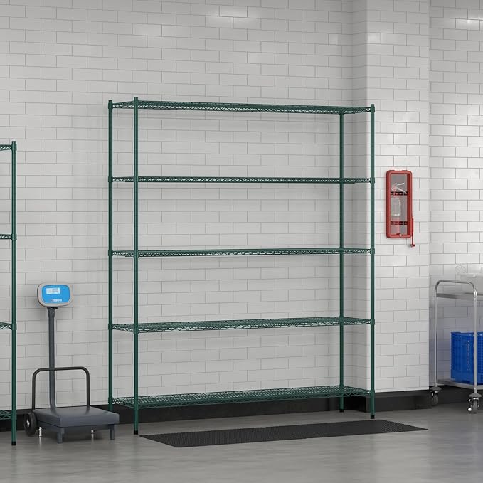 Commercial NSF Listed Green Epoxy Stationary Wire Shelving Kit 18" x 72" x 86", with 5 Shelves Perfect for Warehouse, Walk-in Refrigerator, Freezer, Grocery Store, Restaurant, Dishroom