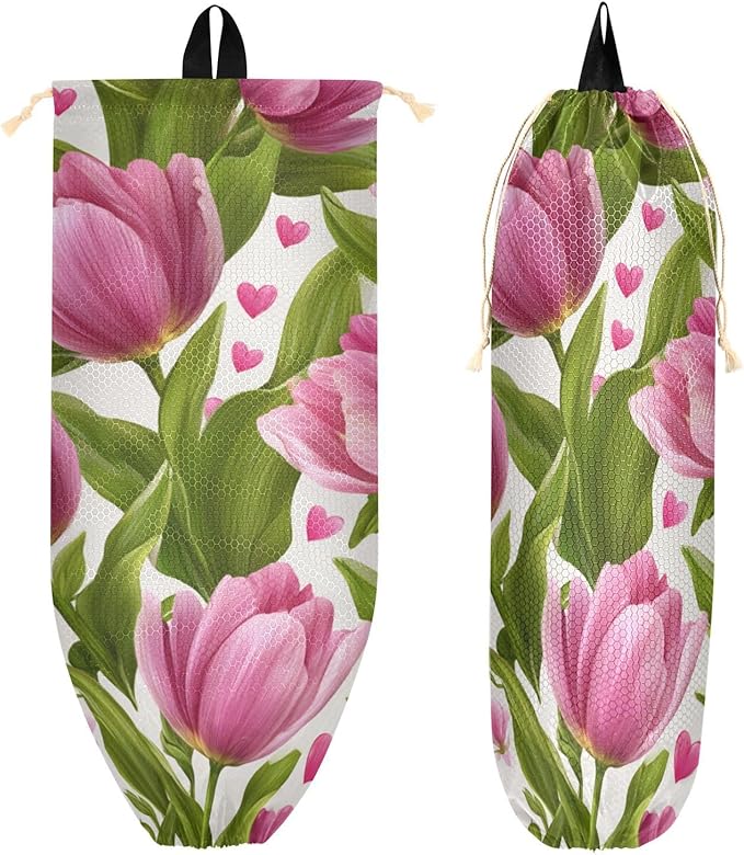 Plastic Bag Holder Wall Mount Grocery Bag Shopping Bag Storage Holder Organizer Dispenser with Adhesive Hook,for Kitchen Bathroom Home Decor 9x22 Inches Pink Fresh Tulips and Hearts05