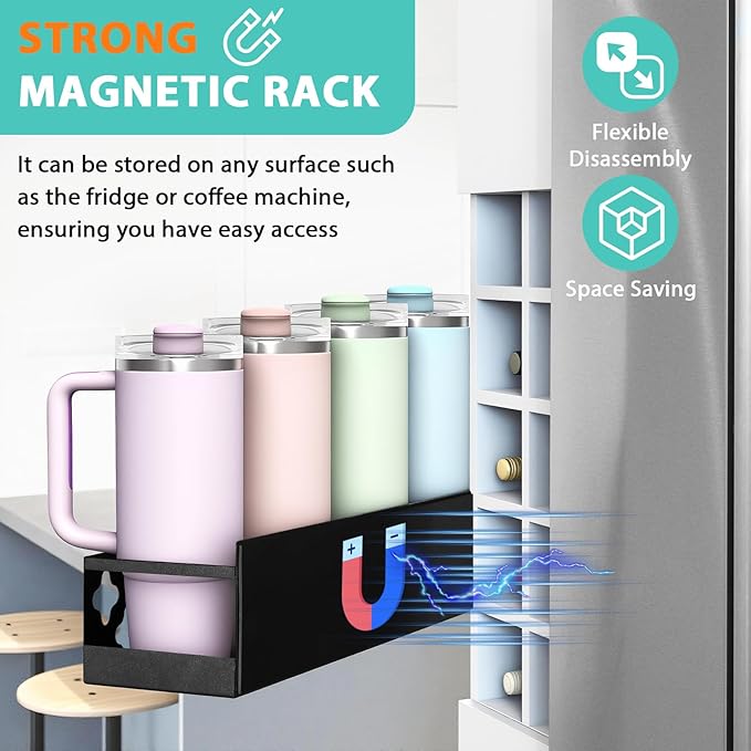 Magnetic Water Bottle Organizer for Fridge, Magnetic Cup Holder for Stanley 30 40 Oz with Tumbler Lid & Straw Organizer, 8 Tumblers Kitchen Storage Rack for Stanley Cup Accessories, Space-Saving