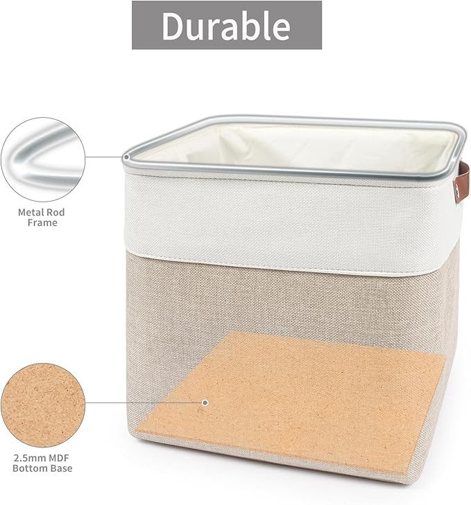 13x13 Cube Storage Bins, Collapsible Fabric Storage Box, 4 Pack Closet Baskets with Handles for Organizing, Shelf, Toys, Clothes, Home, Office, Nursery (Beige&White)