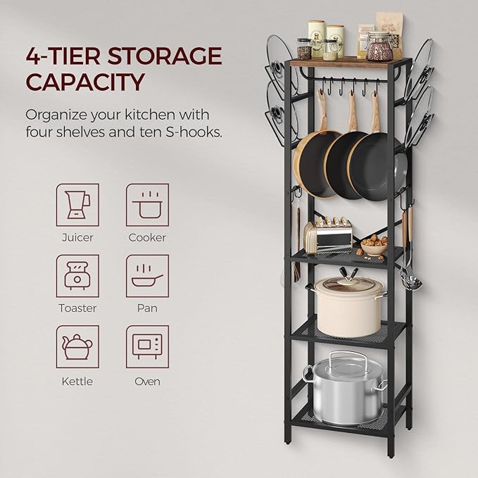 4-Tier Pot Rack, Pots and Pans Organizer for Kitchen, Lid Organizer Rack with U-Shaped Lid Holders, Kitchen Storage Shelf for Standing Cookware, Rustic Brown and Black POHR3001