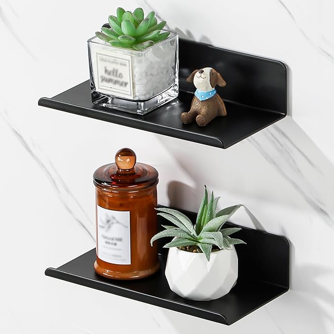 SAYAYO Black Floating Shelves for Wall Storage, 8 Inch Adhesive Wall Shelves for Bedroom Decor, Small Display Bathroom Shelf Organizer for Kitchen, Living Room, Office, 2pcs