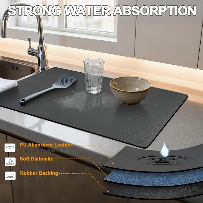 Dish Drying Mat & Coffee Mat for Kitchen Counter, Absorbent Microfiber Waterproof Mat with Non-Slip Backing, Multi-Size Multi-Color Options, Sink and Coffee Bar Accessories