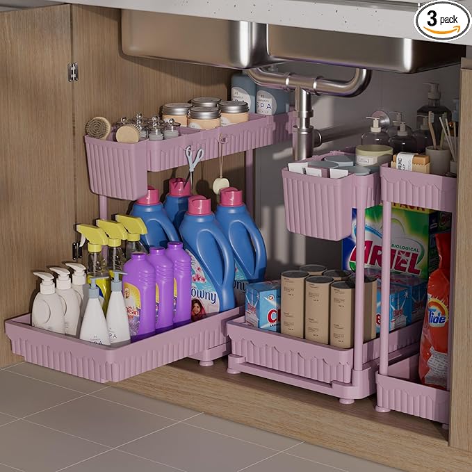 3 Pack Multi-Purpose Under Sink Organizers and Storage, 2025 L-Shaped Pull Out Cabinet Organizer for Bathroom & Kitchen, Under Cabinet Organizer with Hooks Hanging Cup, Pink, 14.85 inch