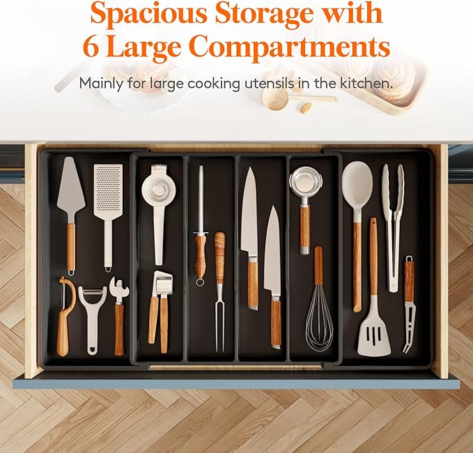 Lifewit Utensil Organizer for Kitchen Drawers, Expandable Cooking Utensil Tray, Adjustable Cutlery Silverware Flatware Holder, Plastic Spatula Tools and Gadgets Storage Divider, Black, 18"-30" x 18.5"