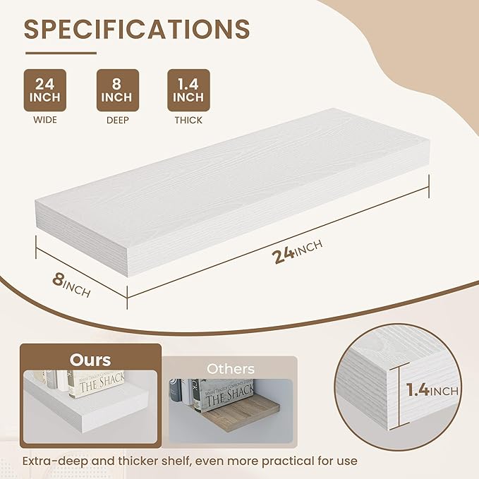 Dreamland 24 Inches Floating Shelves for Wall, 8" Deep Long Floating Shelves Set of 2, Large Display & Storage Shelf, Wall Shelf for Bathroom Bedroom Living Room Kitchen Office, White