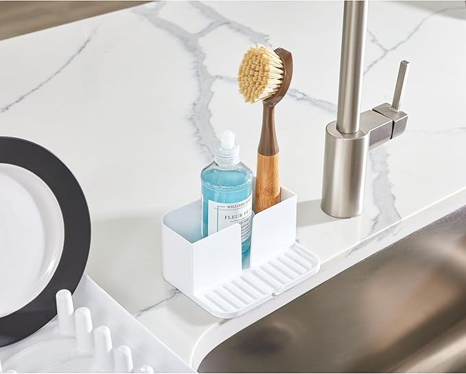 iDesign Kitchen Sink Caddy for Countertop with Sponge Holder and Drain Spout - White