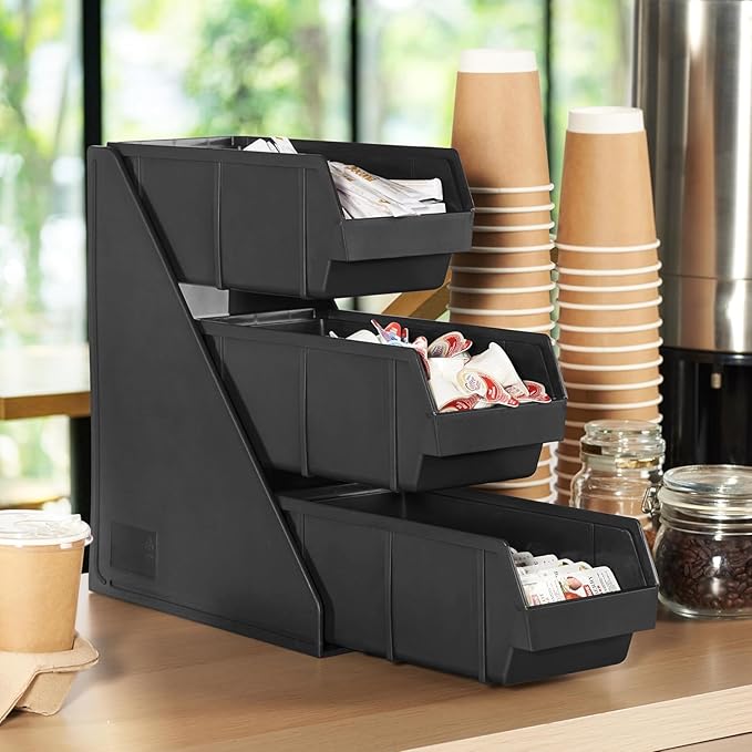 CURTA Black Self Serve Condiment Bin Stand Set, Removable Condiment Organizer with 3-Tier Stand and 3 Condiment Bins, 20" D x5.75 W x 14" H, Coffee Bar Beverage Station