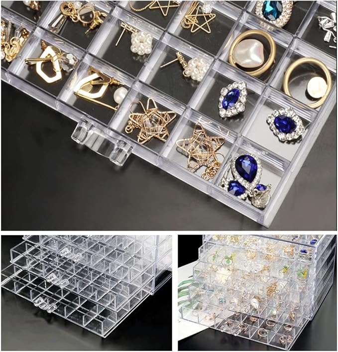 Earring Storage Box Acrylic Jewelry Storage Holder Ring Clear Plastic Transparent Jewelry Display Stand with 5 Drawers 120 Small Compartment Tray for Women Girls