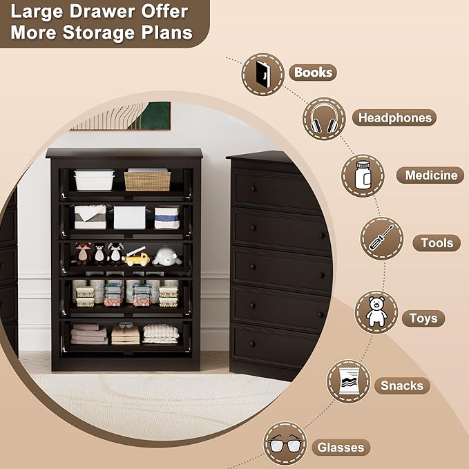 5 Drawer Dresser for Bedroom, Tall Wooden Chest of Drawers with Spacious Top, Modern Storage Organizer Cabinet for Closet, Nursery, Living Room, 15.7" D x 31.5" W x 45.7" H (Chocolate)