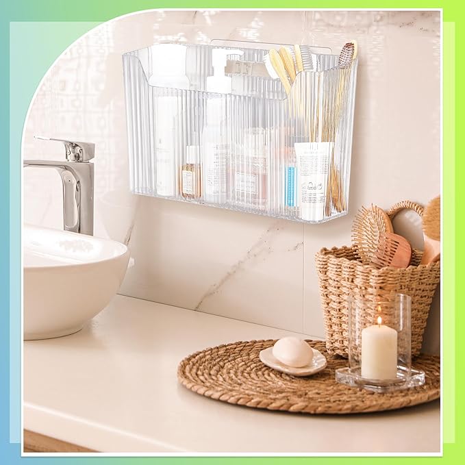 6 Pack Plastic Adhesive Mount Cabinet Door Organizer Bins Clear Wall Mounted Storage Organization Container Makeup Shelves Hanging Basket for Kitchen, Bathroom, Pantry, Space Saving Holder