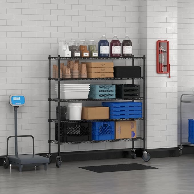 Commercial NSF Listed Black Epoxy Mobile Wire Shelving Kit 14" x 54" x 60", with 5 Shelves Perfect for Warehouse, Walk-in Refrigerator, Freezer, Grocery Store, Restaurant, Dishroom