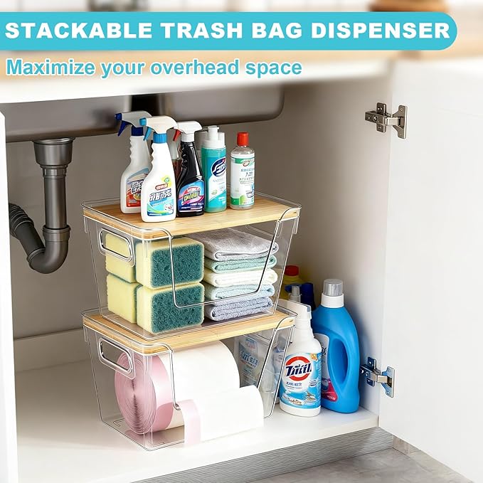 2 Pack Trash Bag Holder Dispenser - Garbage Bag Dispenser Under Sink, Acrylic Trash Bags Container Organizer Roll Holder, Clear Stackable Kitchen Under Sink Storage Organizer