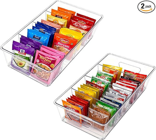 2 Pcs Seasoning Packet Organizer, Seasoning Organizer for Cabinet, Ood Storage Organizer Box with Detachable Dividers Snacks Spice Packets Holder for Kitchen, Pantry, Cabinet, Countertop