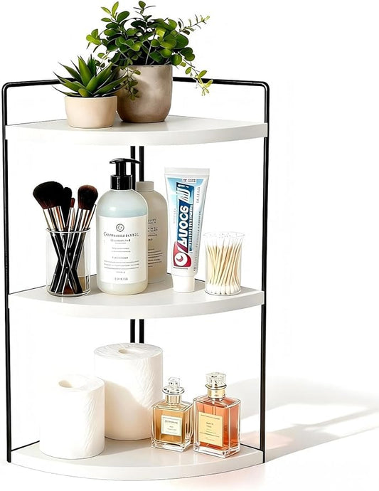 Corner Bathroom Countertop Organizer, 3-Tier Rustic Wood Corner Shelf with Sturdy Metal Frame, Waterproof Vanity Storage for Cosmetics & Toiletries, Space Saving Rack for Kitchen, White