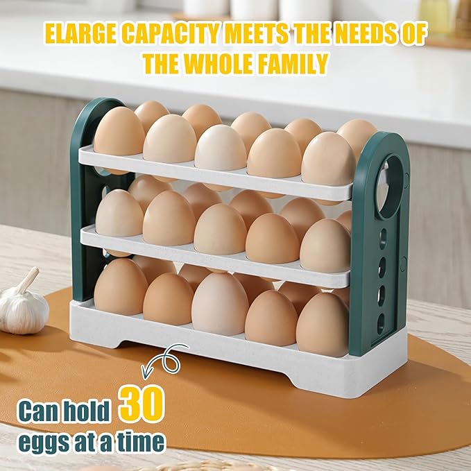 Flippable Egg Holder For Refrigerator Can store 30 eggs, 3 Layer Egg Storage Container For Refrigerator Side Door, Large Capacity Egg Container, Egg Organizer, Egg Storage 30 Count (white)