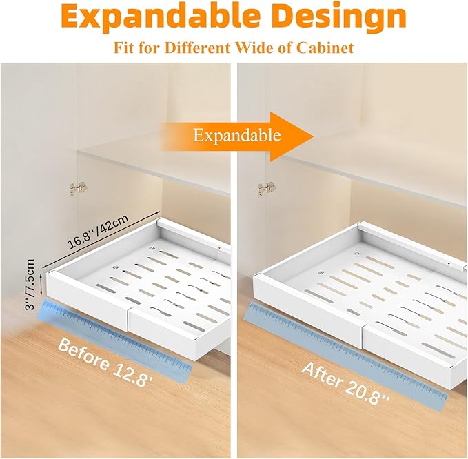 Pull Out Cabinet Organizer, Expandable Slide out Drawers With Adhesive Nano Film, Pantry Shelves Sliding Drawer Adjustable 12.8’’-20.8’’ for Kitchen Cabinets, Pantry, Bathroom Storage 1PC