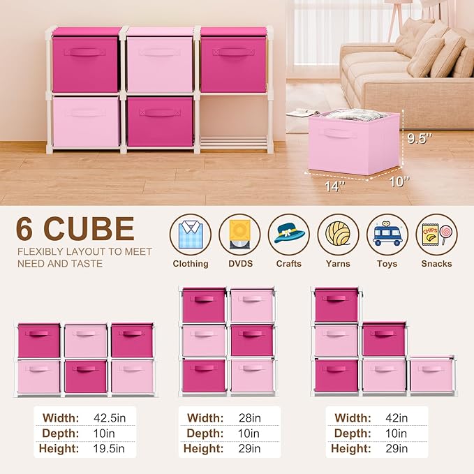 Thyle Large Cube Storage Organizer Shelf with 6 Bins 14 Inch Fabric Collapsible Cubby Storage Drawers Shelving Unit for Christmas Ornaments Clothes Toys Craft(Pink,Rose,Colorful)
