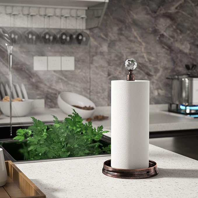 Paper Towel Holder (with Crystal Ball) Steel Paper Towel Holder countertop，Paper Towel Holder Stand for Kitchen Countertops, Bars & Dining Tables,Fits Standard & Jumbo Rolls,Oil Rubbed Bronze