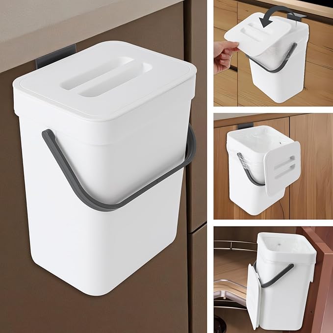 Compost Bin Kitchen, Includes 100 Trash Bags, Hanging Trash Can with Lid, Features Pet-Proof, Odor-Proof, and Quiet Opening/Closing. Suitable for Bathrooms/Bedrooms/Offices (White, 0.8Gal/3L)