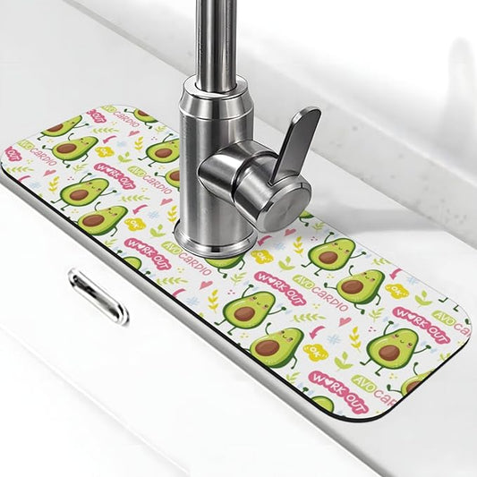 Cute Green Avocado Avocados Kawaii Kitchen Sink Splash Guard Faucet Mat Super Absorbent Fast Drying Mat Sink Gadgets-Fast Drying Pad Sink Mat For Kitchen Bathroom (15" X 5.5" )