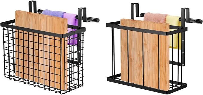 Uxcell 2 Pack Cabinet Door Organizer with Towel Bar, Metal Wire Baskets with Hooks, Over Cabinet Door Organizer for Kitchen, Pantry, Bathroom Storage, Black