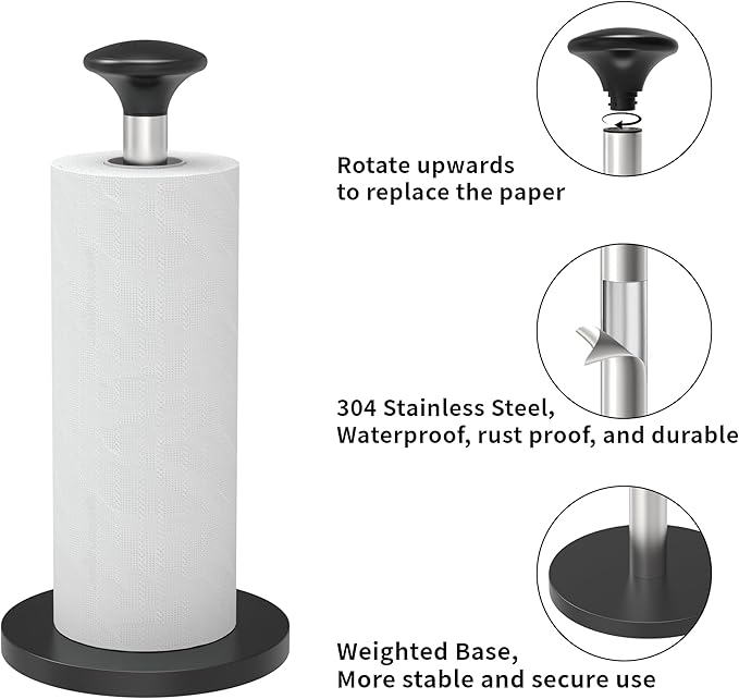 Paper Towel Holder Countertop, Standing Paper Towel Dispenser with Weighted Base, Stainless Steel Paper Towel Holder for Kitchen, One-Handed Operation(Matte Black)