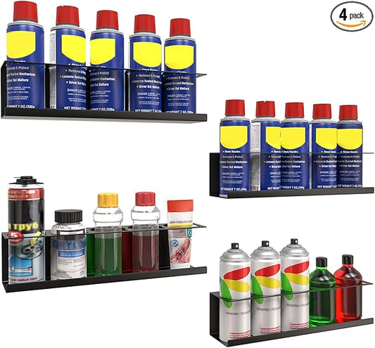 4 Pack Wall-Mounted Spray Bottle Holder, Aerosol Spray Can Holder Storage Rack, Heavy-Duty Paint Bottle Organizer With 20 Holes, Steel Black Spray Rack for Garage, Shop, Home or Tool Trailer